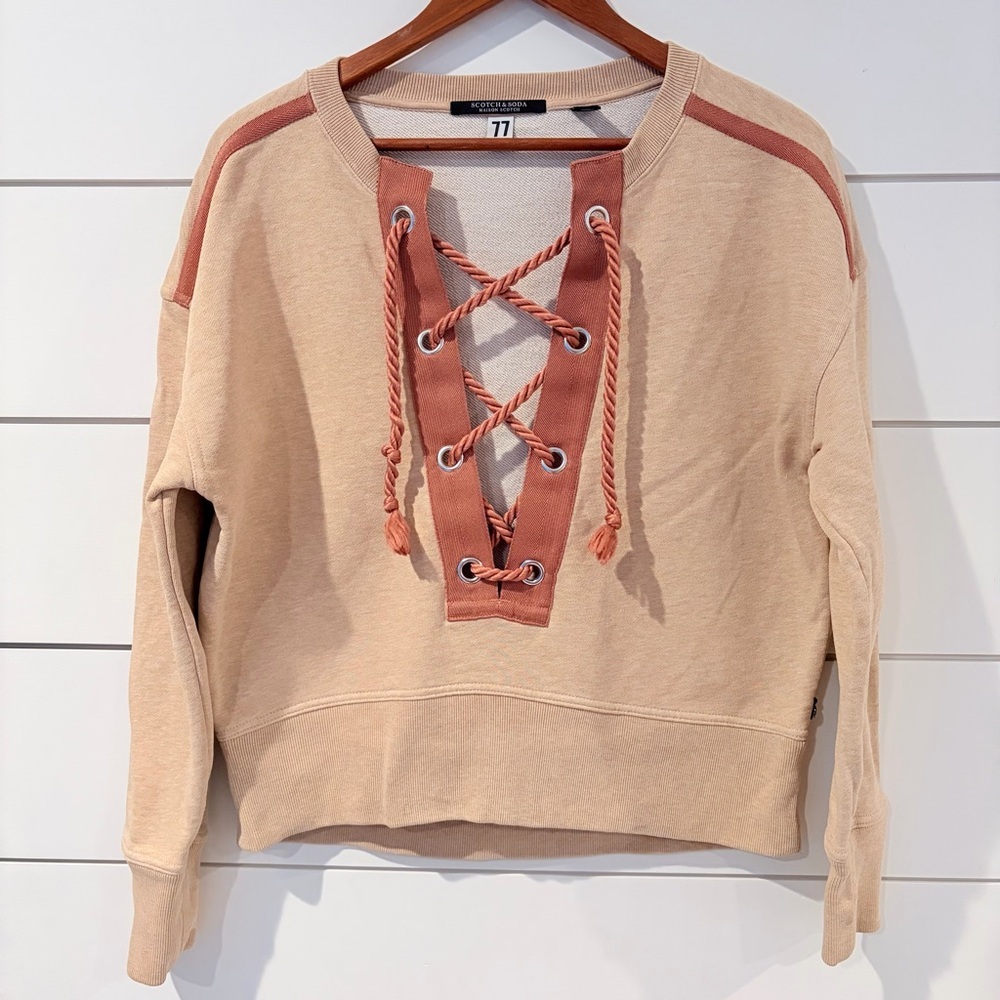 Scotch & Soda Lace Up Sweatshirt Beige Cropped Pullover XS Boho Beach Boat